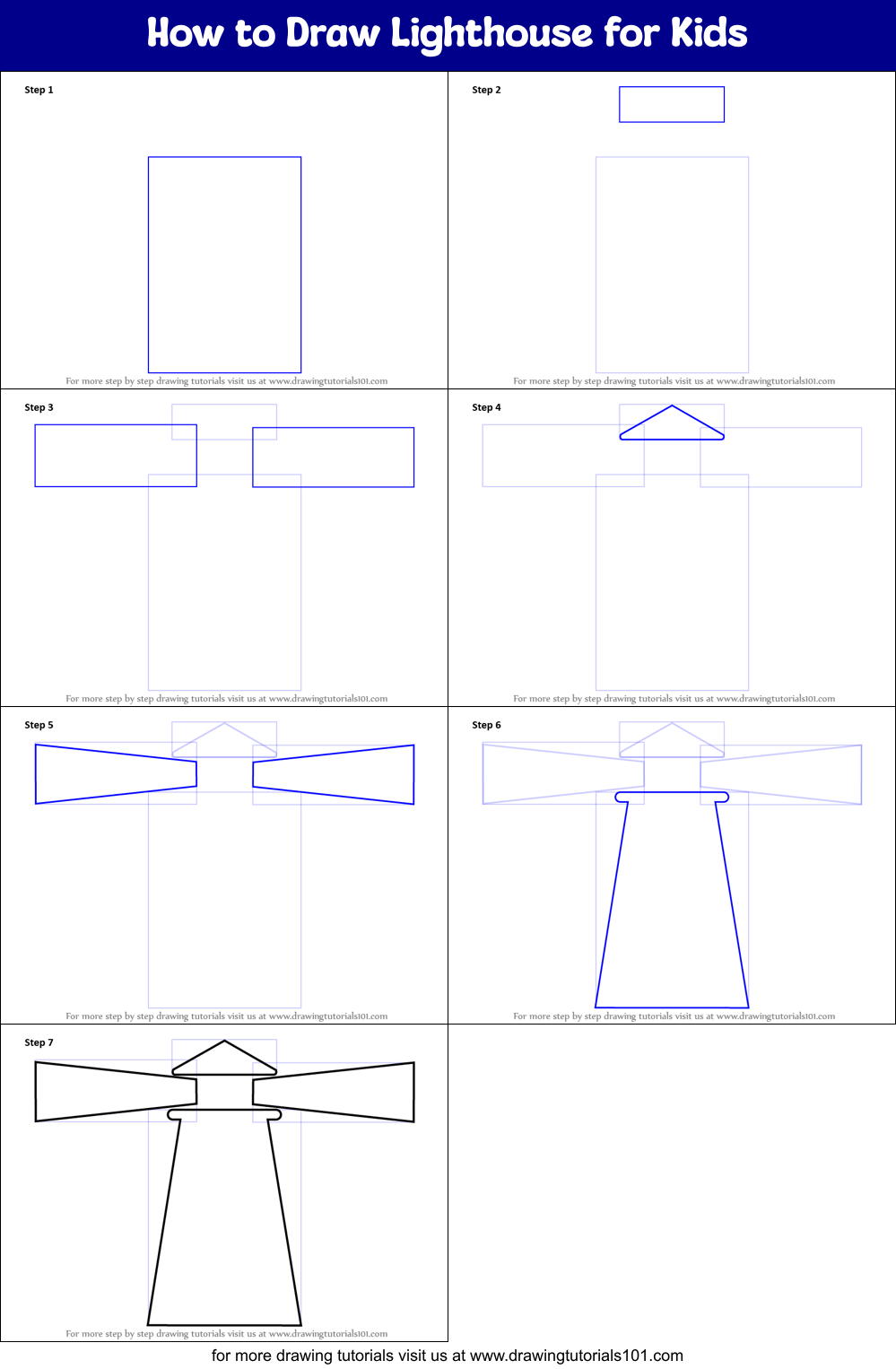How to Draw Lighthouse for Kids Printable Step by Step