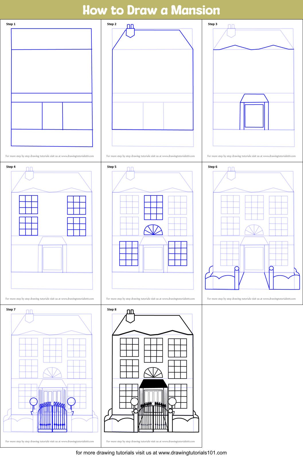 How to Draw a Mansion printable step by step drawing sheet 