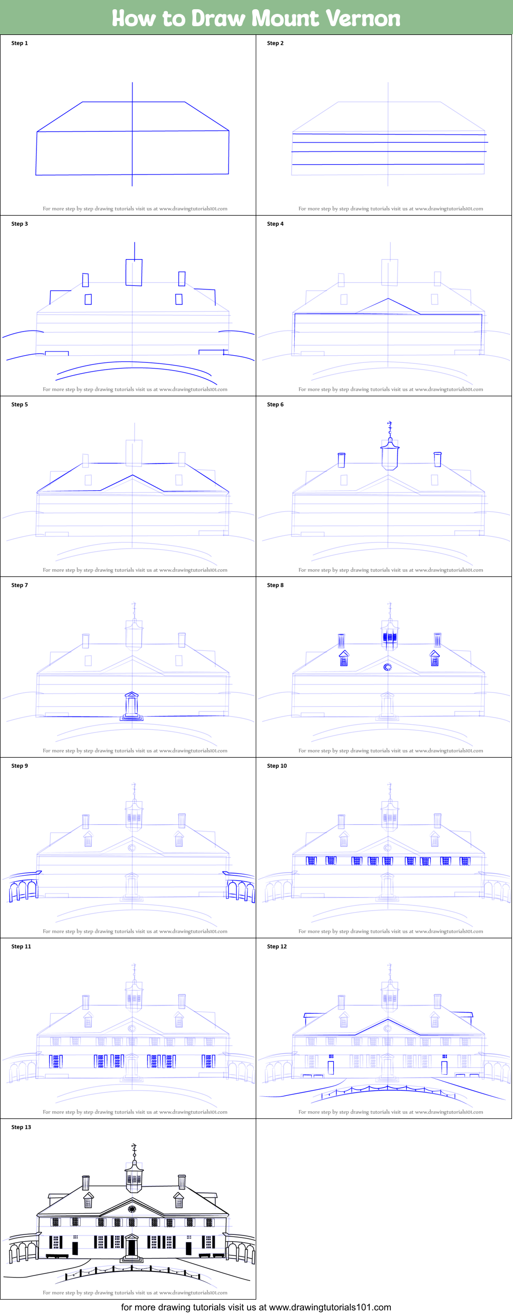 How to Draw Mount Vernon Printable Step by Step