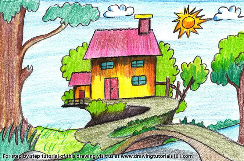 Tree Cottage Color Pencil Drawing