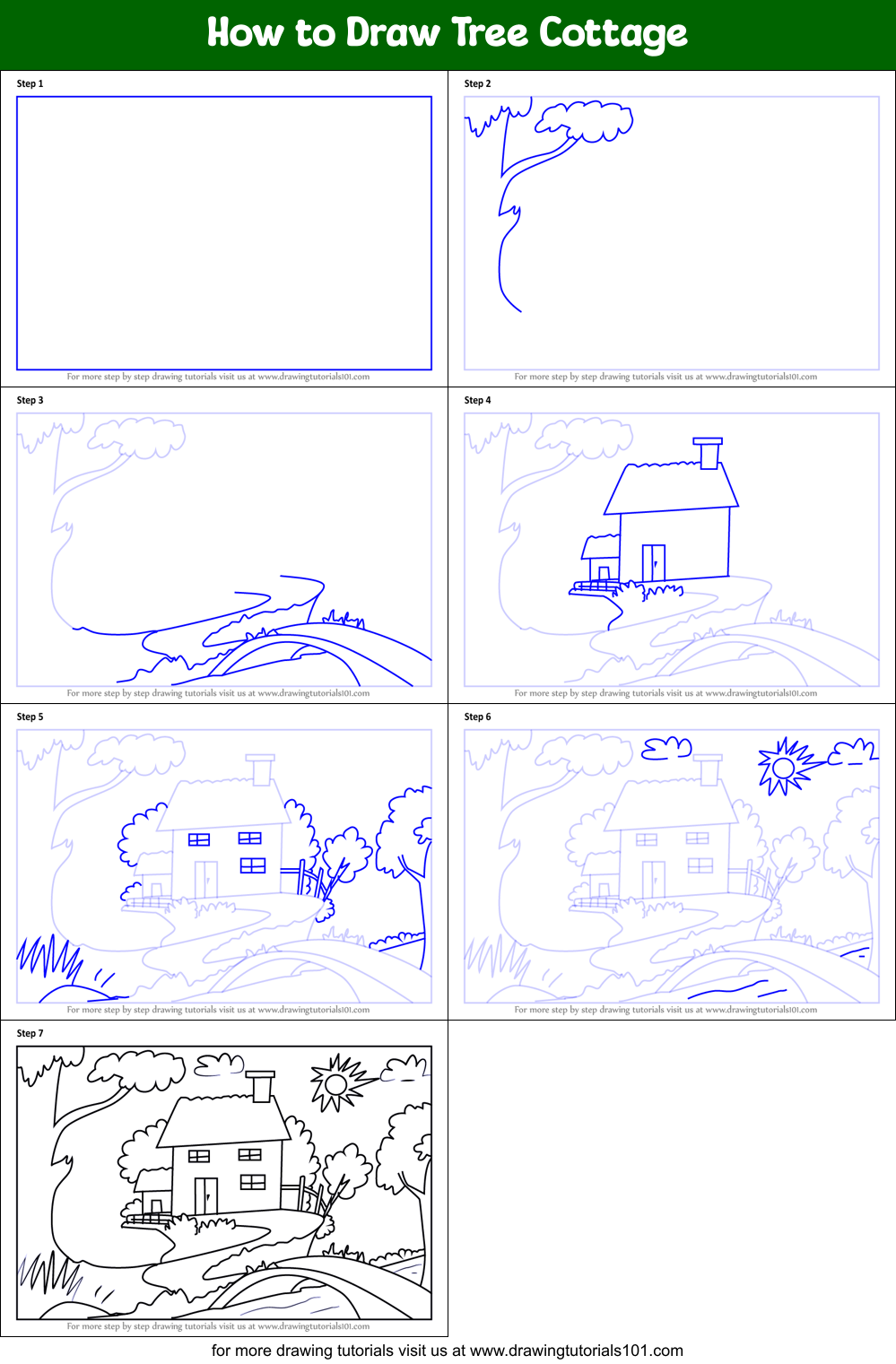 How to Draw Tree Cottage Printable Step by Step