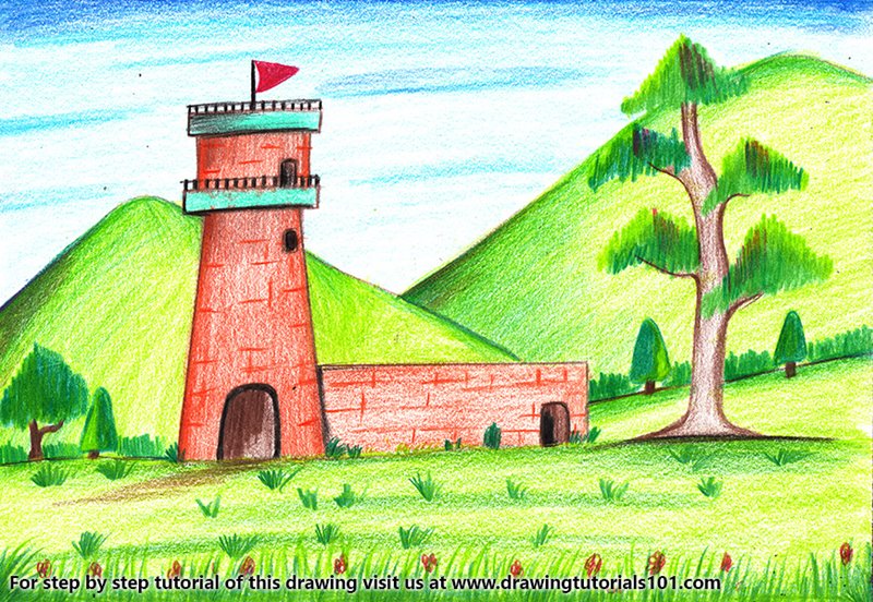 How to Draw Watch Tower Scene by Color Pencils