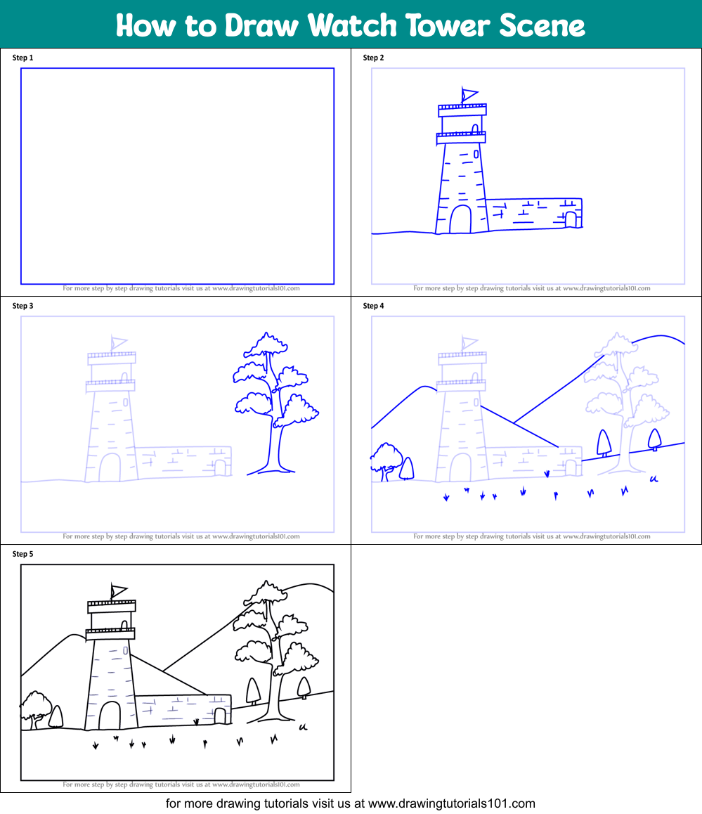 How to Draw Watch Tower Scene Printable Step by Step