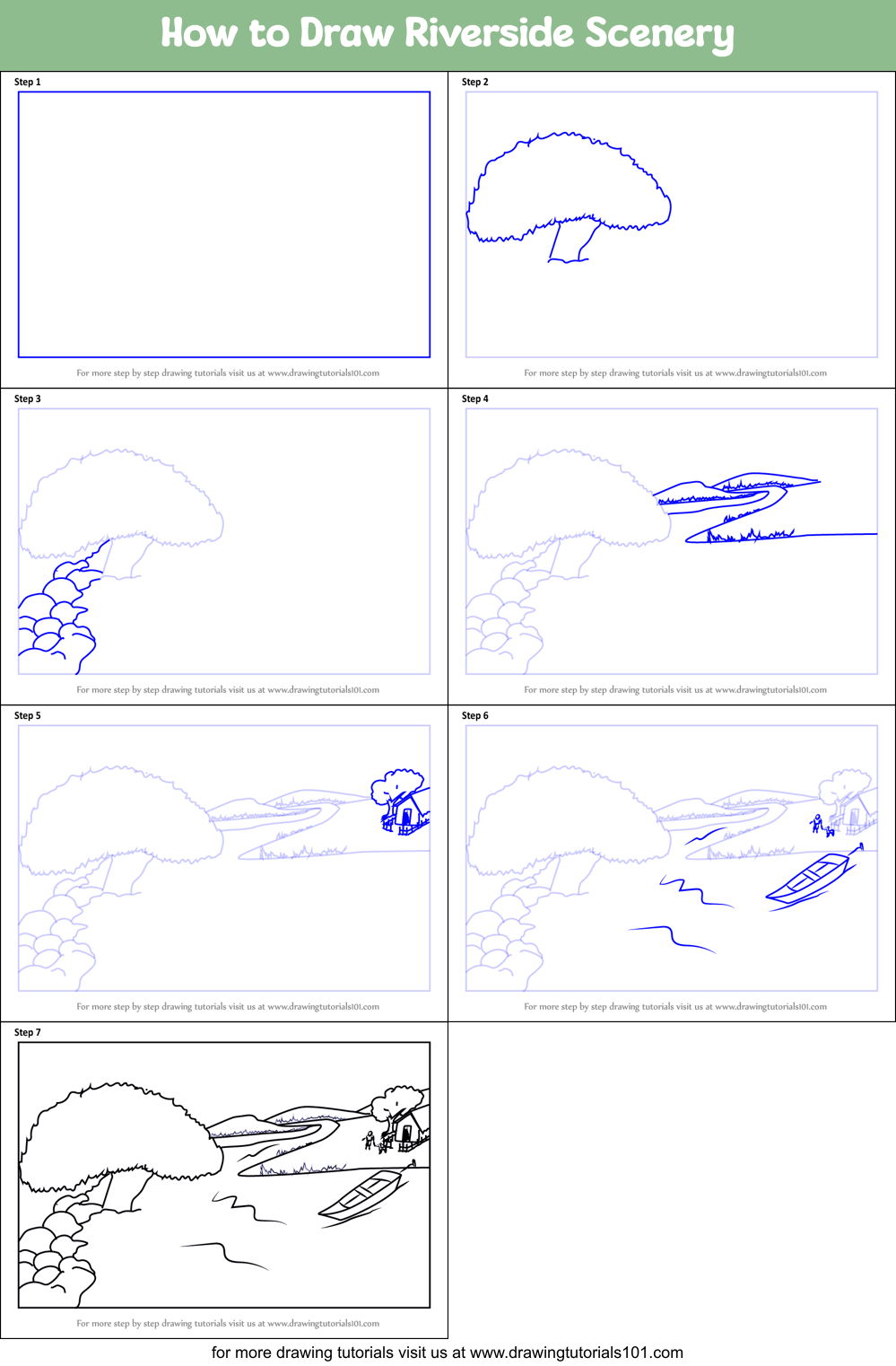 How to Draw Riverside Scenery Printable Step by Step