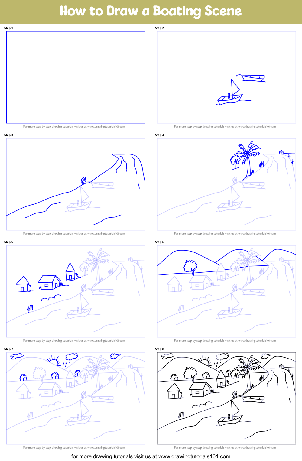 How to Draw a Boating Scene Printable Step by Step