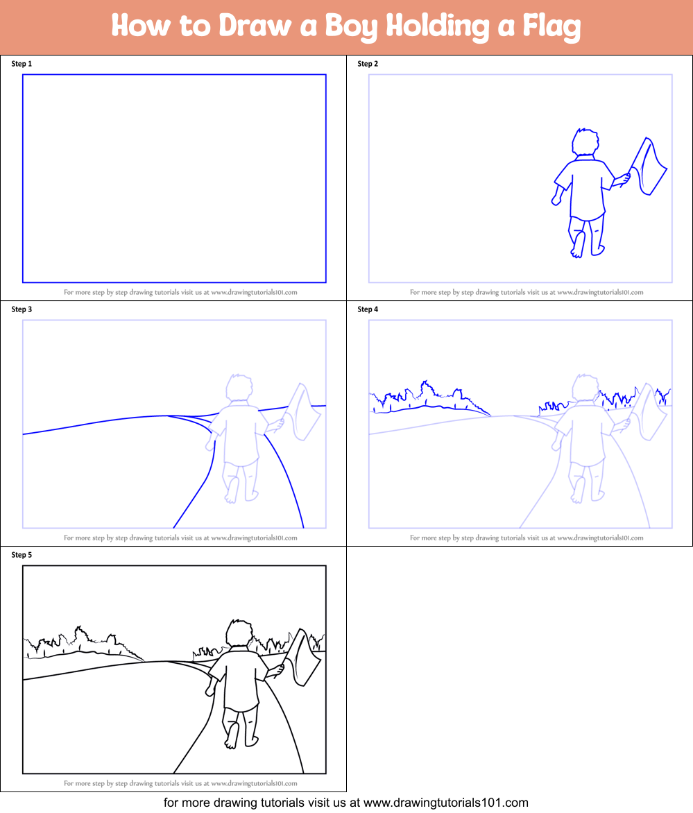 How to Draw a Boy Holding a Flag Printable Step by Step