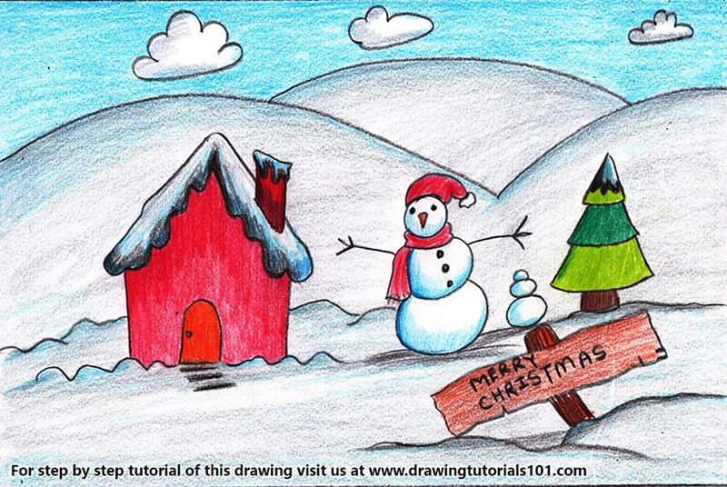 Christmas Snowman Scene Colored Pencils Drawing Christmas