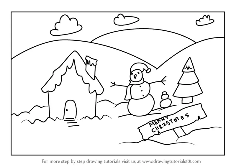 Christmas Drawings  How To Draw a Christmas Scene with Snowman  Christmas  Festival Drawing  YouTube