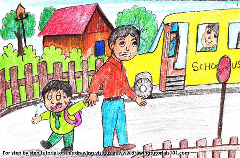 How to Draw a First Day at School Scene by Color Pencils