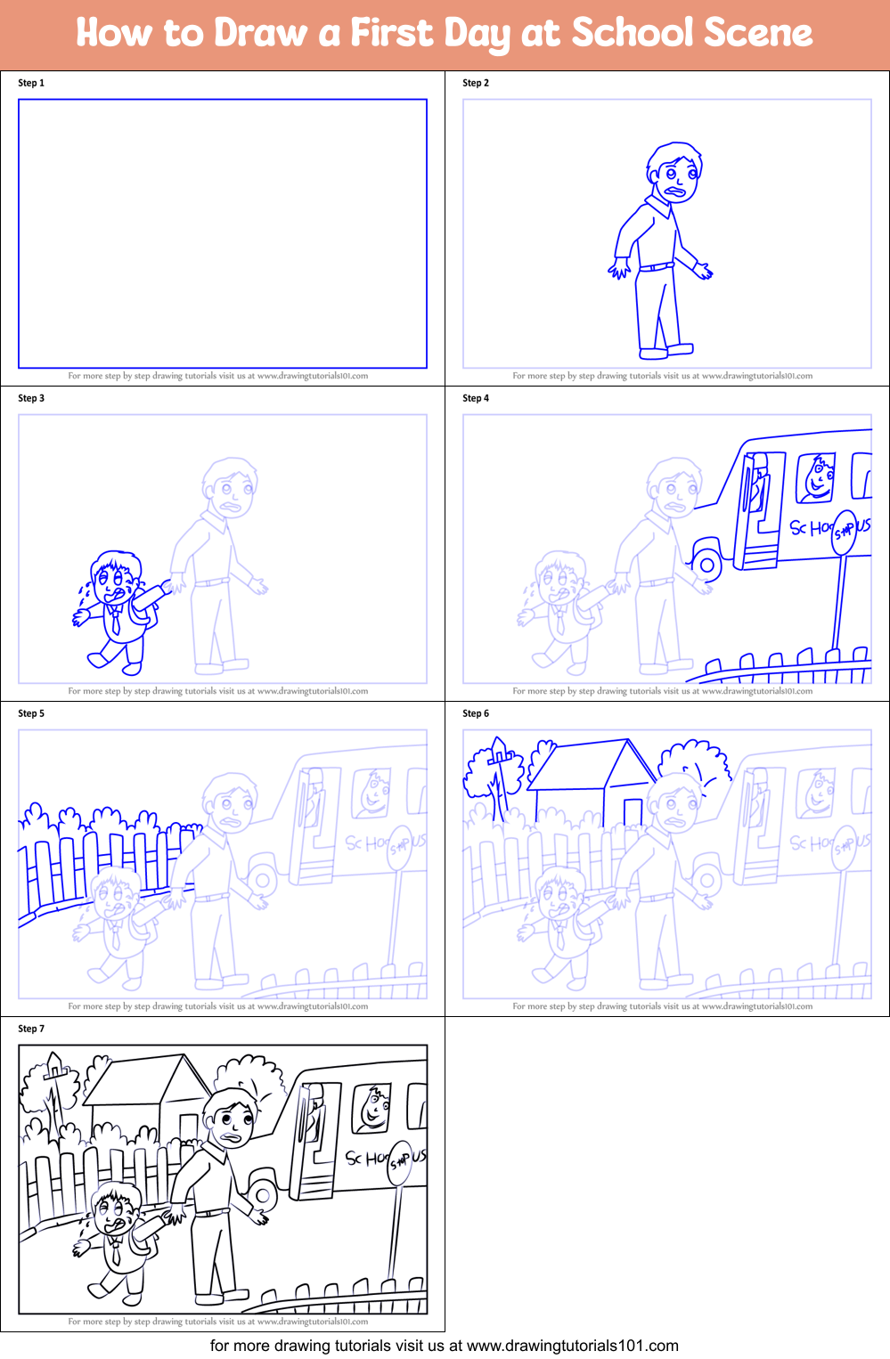 How to Draw a First Day at School Scene Printable Step by Step