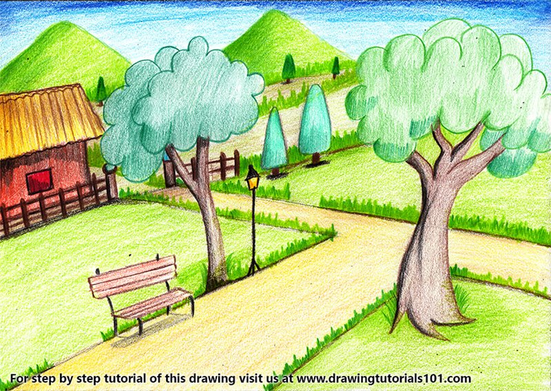 Garden Scenery Colored Pencils - Drawing Garden Scenery ...