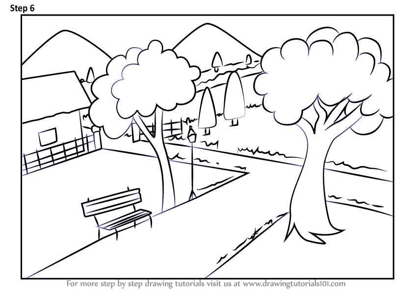 Learn How to Draw a Garden Scenery (Scenes) Step by Step : Drawing