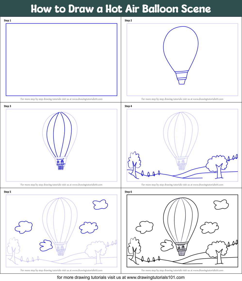 How to Draw a Hot Air Balloon Scene Printable Step by Step