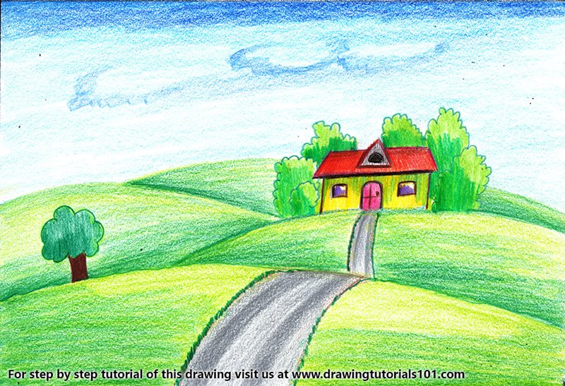 House on Fields of Grass Colored Pencils Drawing House 