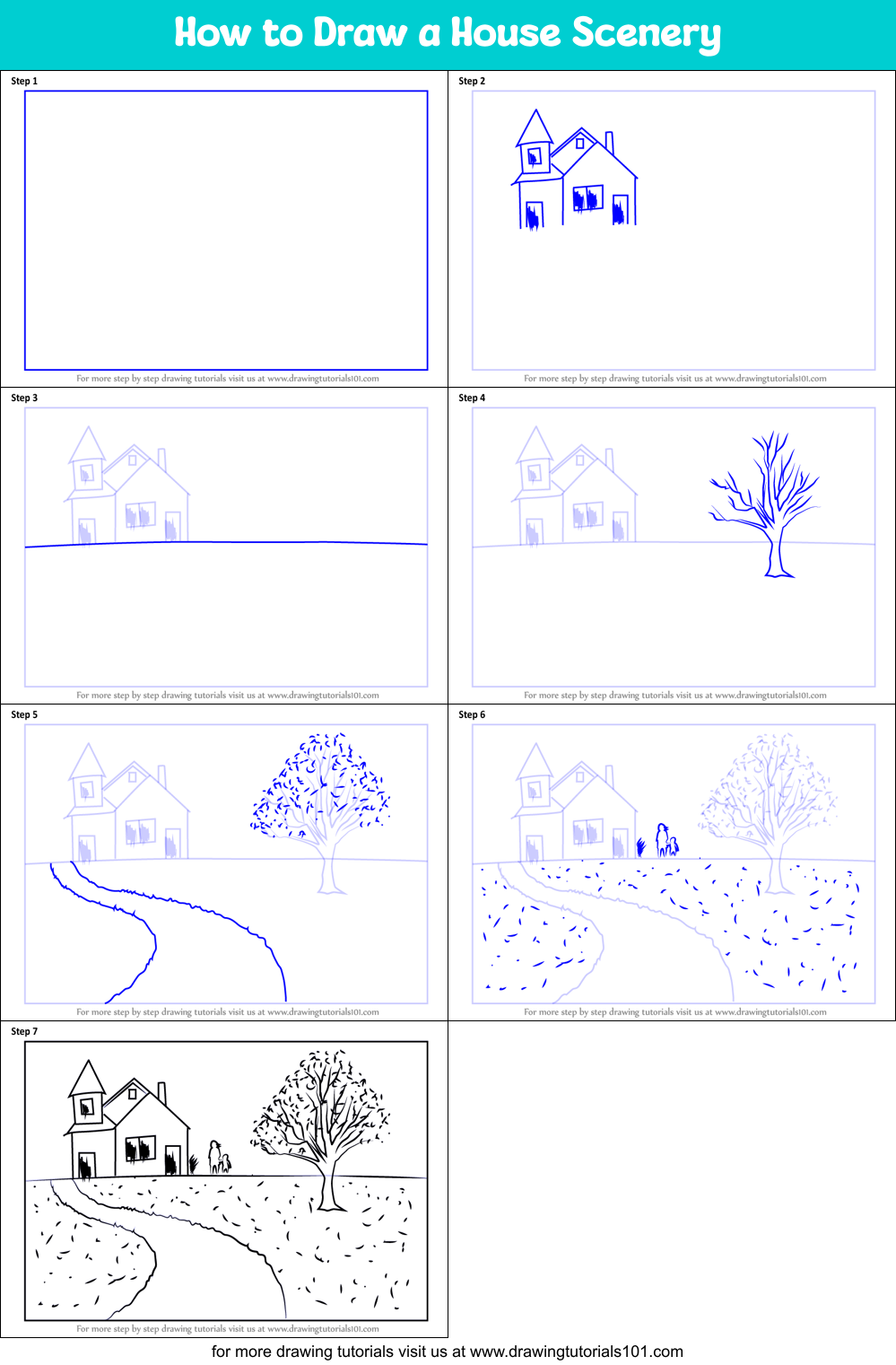 How to Draw a House Scenery Printable Step by Step