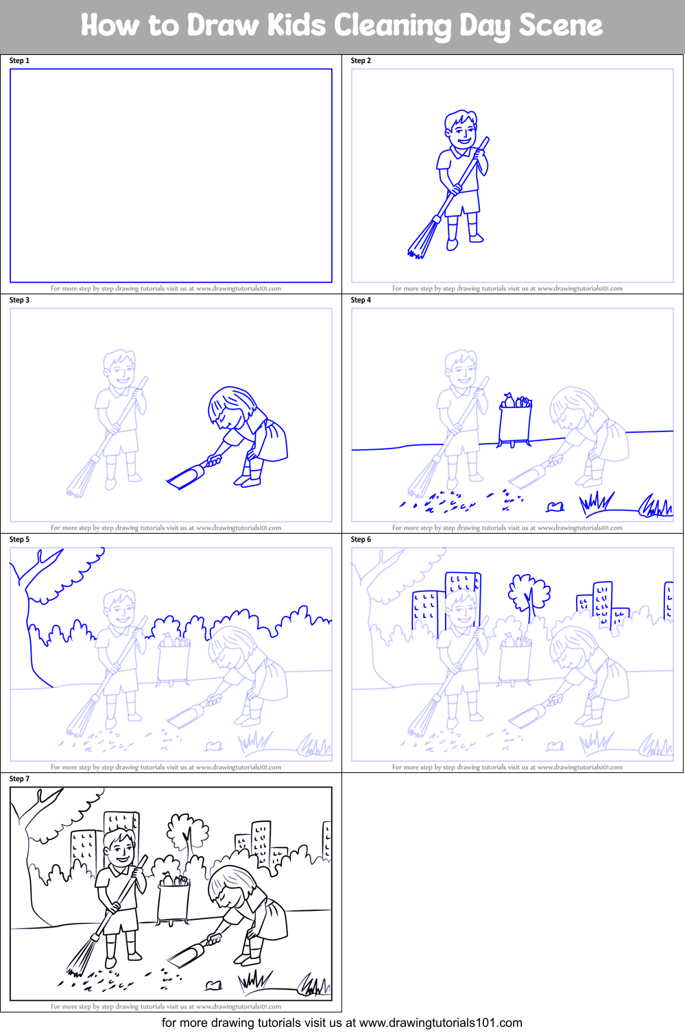 How to Draw Kids Cleaning Day Scene Printable Step by Step