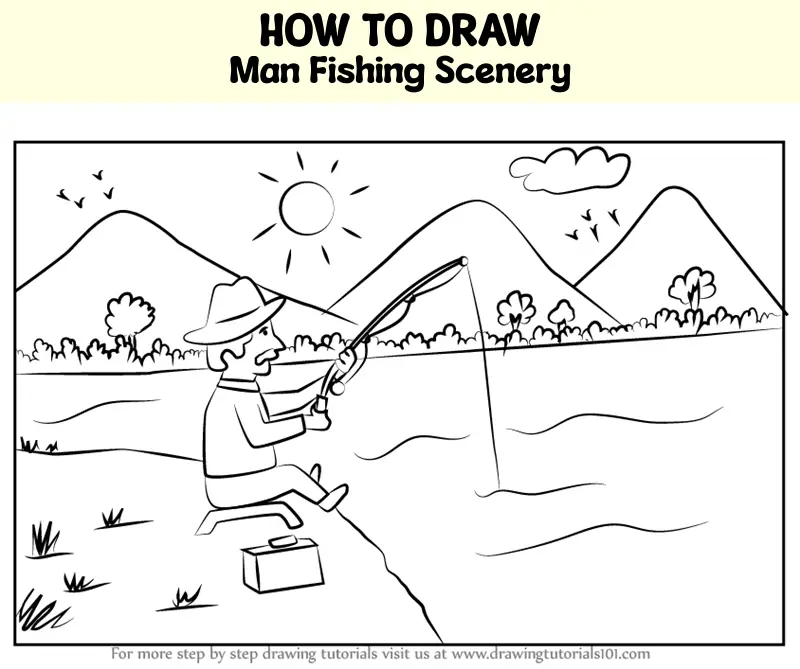 How to Draw Man Fishing Scenery (Scenes) Step by Step