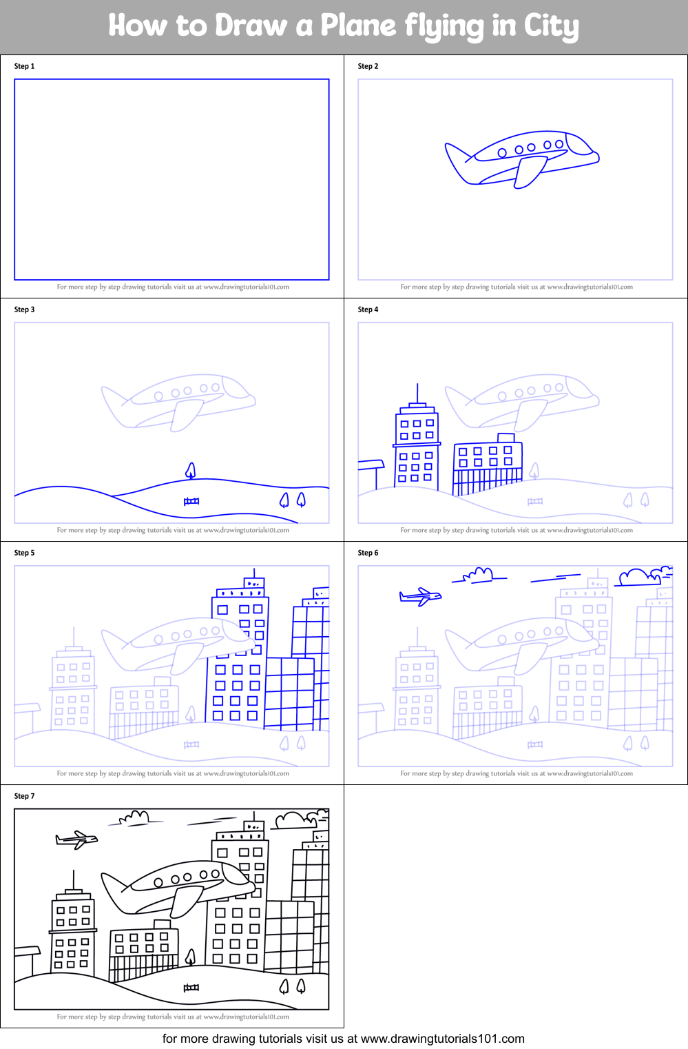 How to Draw a Plane flying in City Printable Step by Step
