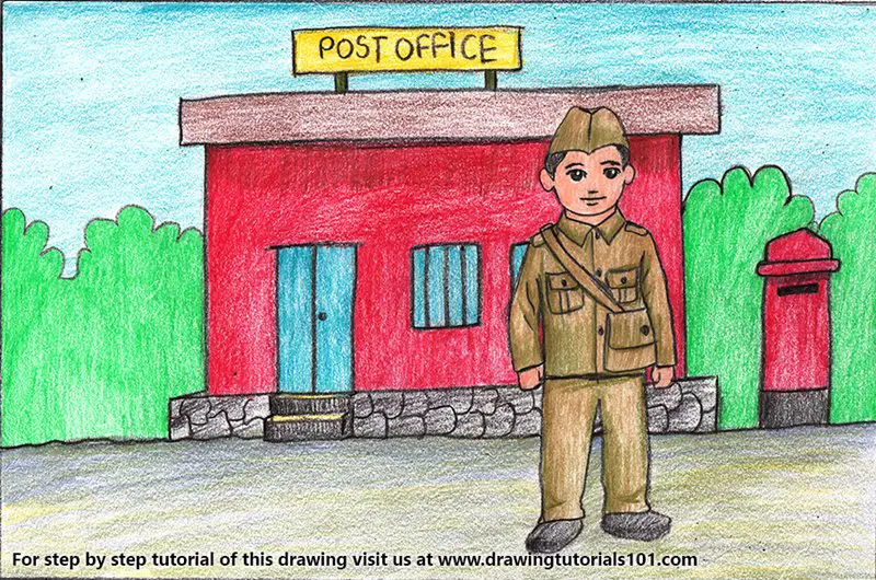 Postman outside Postoffice for Kids Colored Pencils - Drawing Postman
