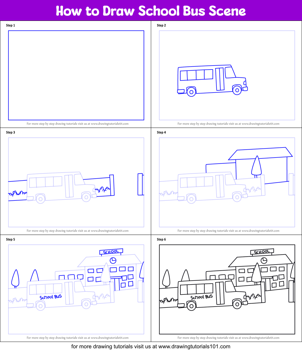 How to Draw School Bus Scene Printable Step by Step