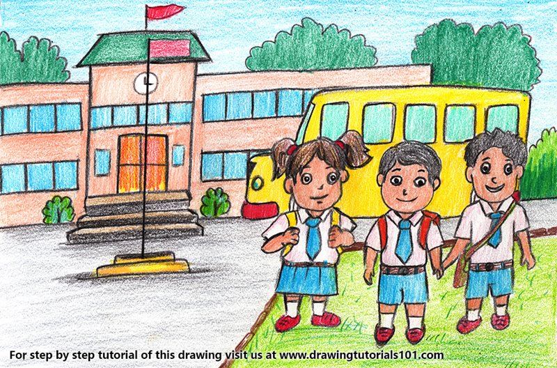 How to Draw Students outside School by Color Pencils