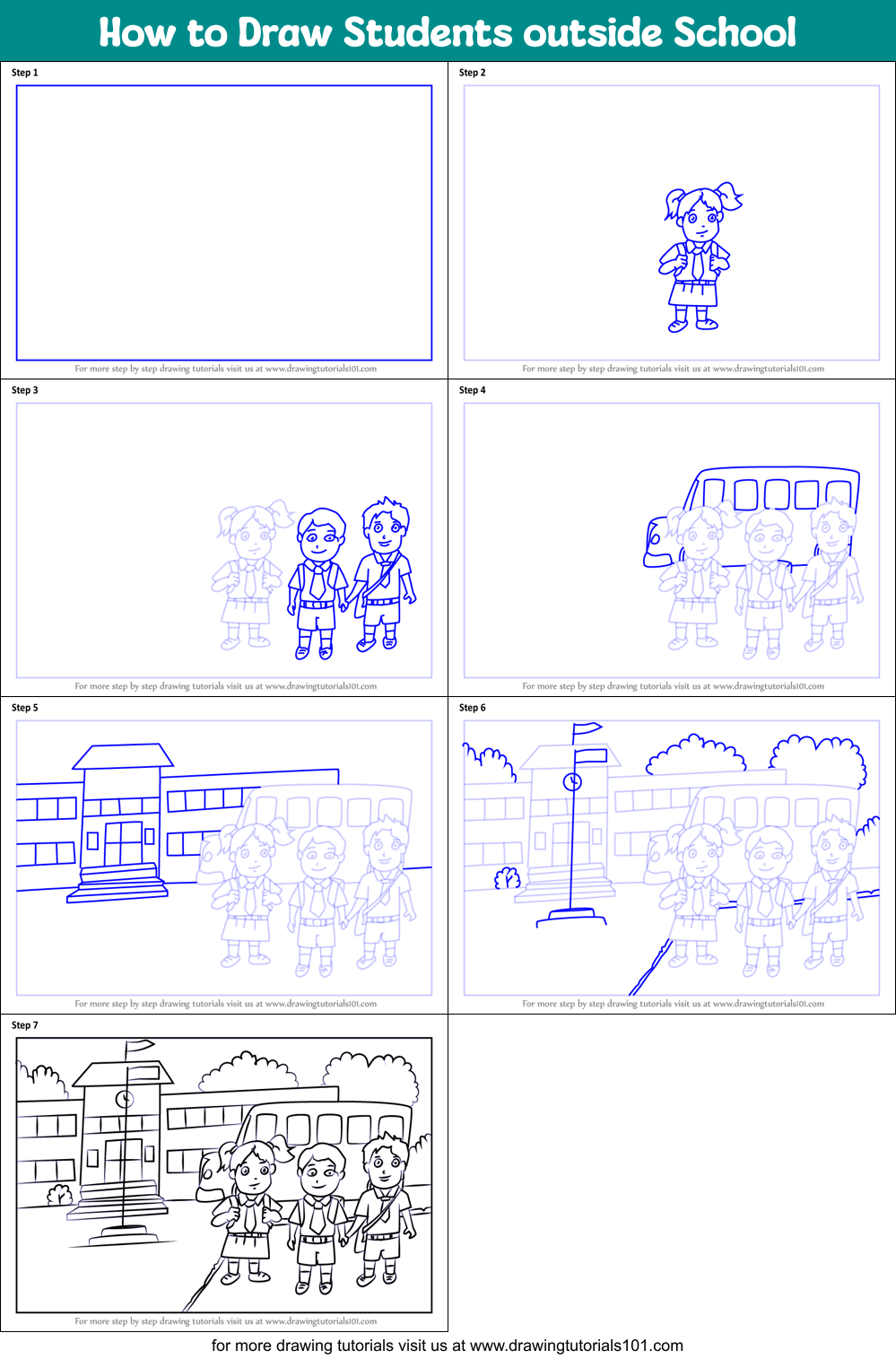 How to Draw Students outside School Printable Step by Step