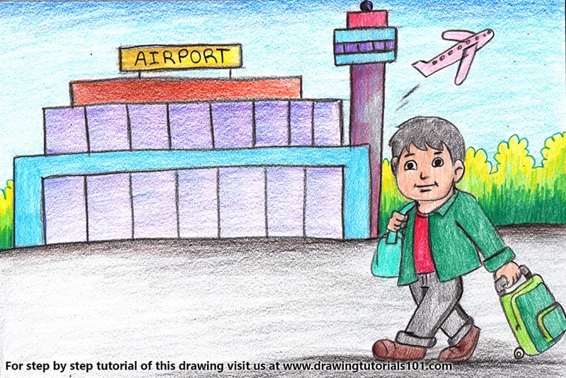 How to Draw Traveller outside Airport by Color Pencils