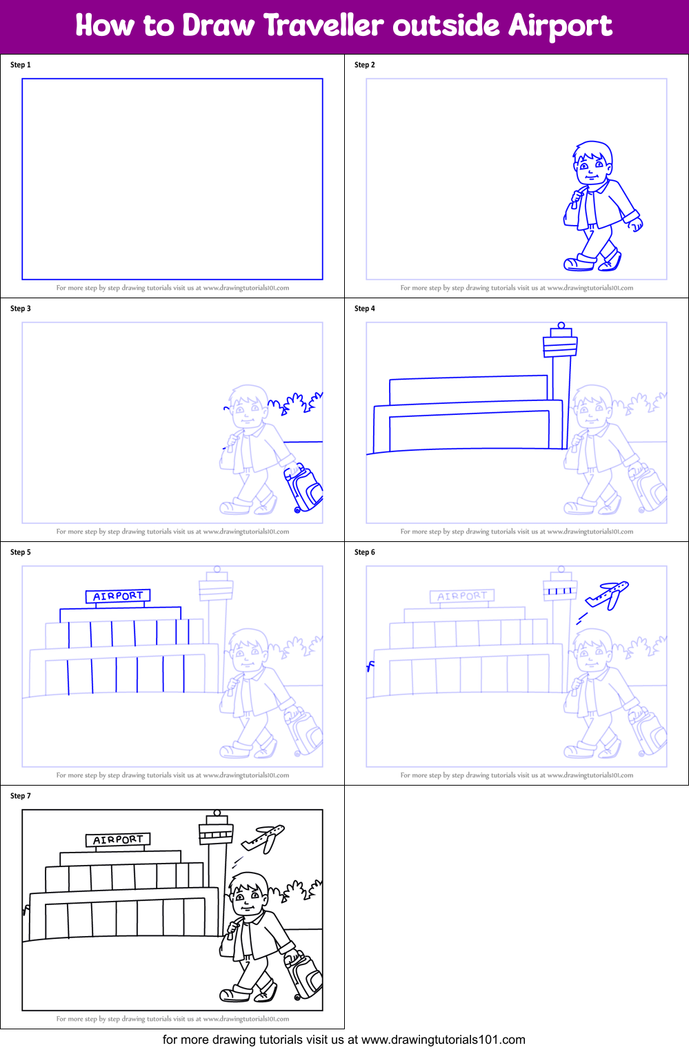 How to Draw Traveller outside Airport Printable Step by Step