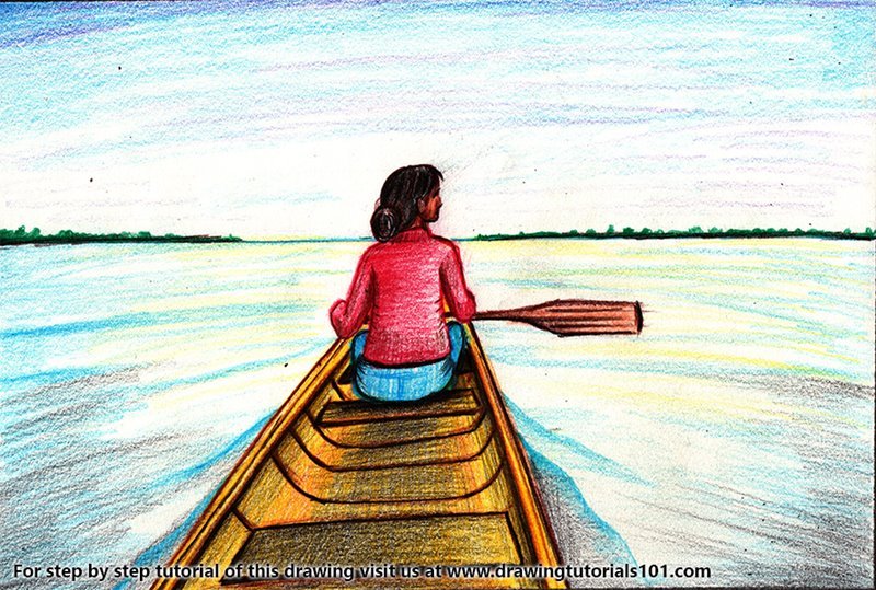 How to Draw Woman Rowing Boat by Color Pencils