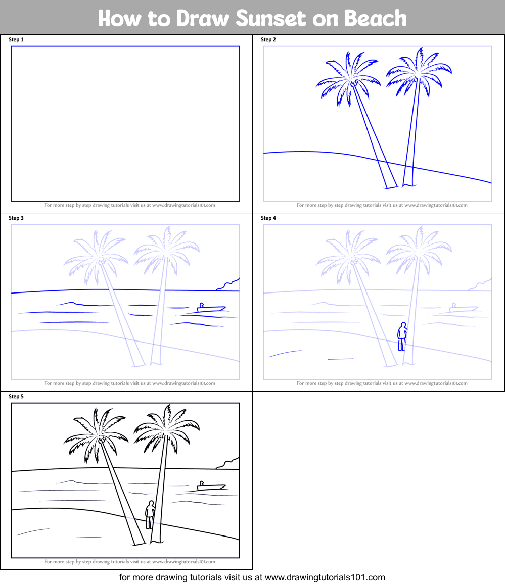 How to Draw Sunset on Beach Printable Step by Step