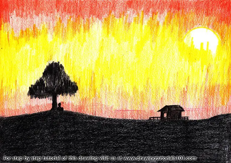 Sunset Scene Colored Pencils Drawing Sunset Scene With Color