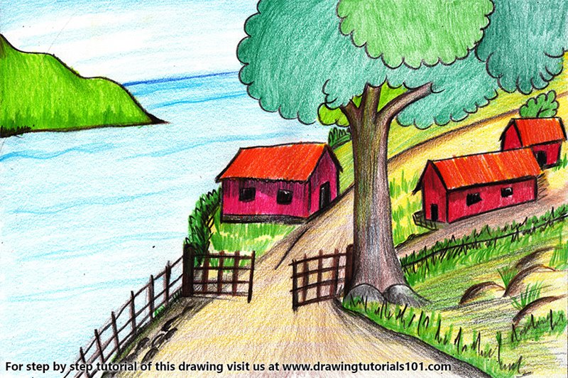 A Beautiful Village Scenery Color Pencil Drawing