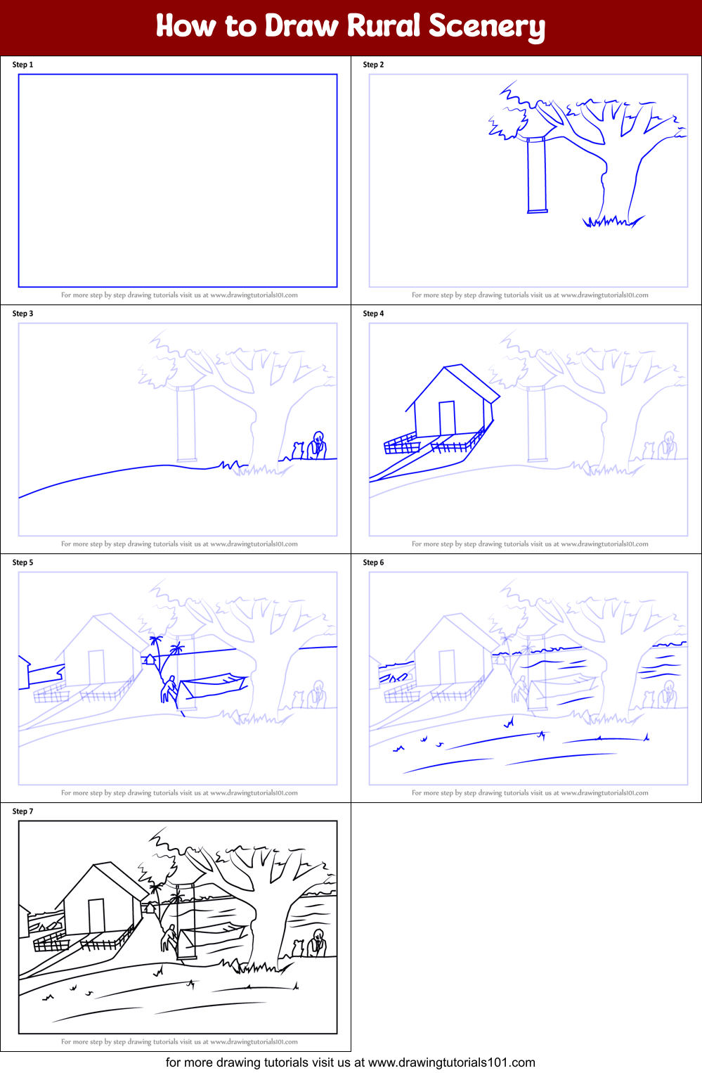 How to Draw Rural Scenery Printable Step by Step