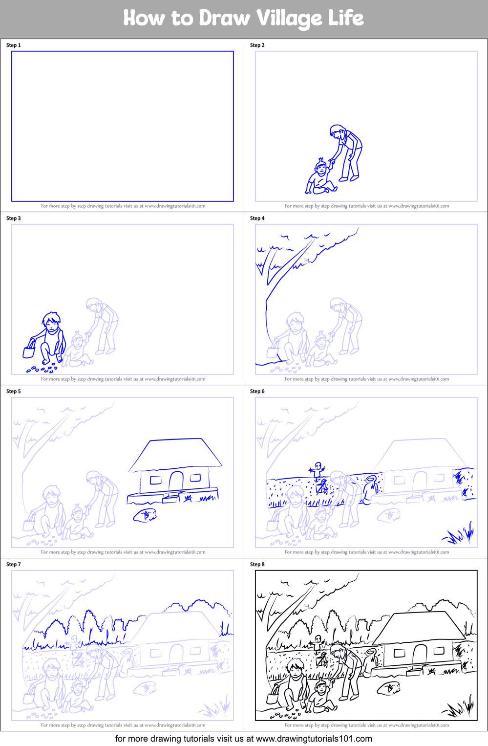 How to Draw Village Life Printable Step by Step