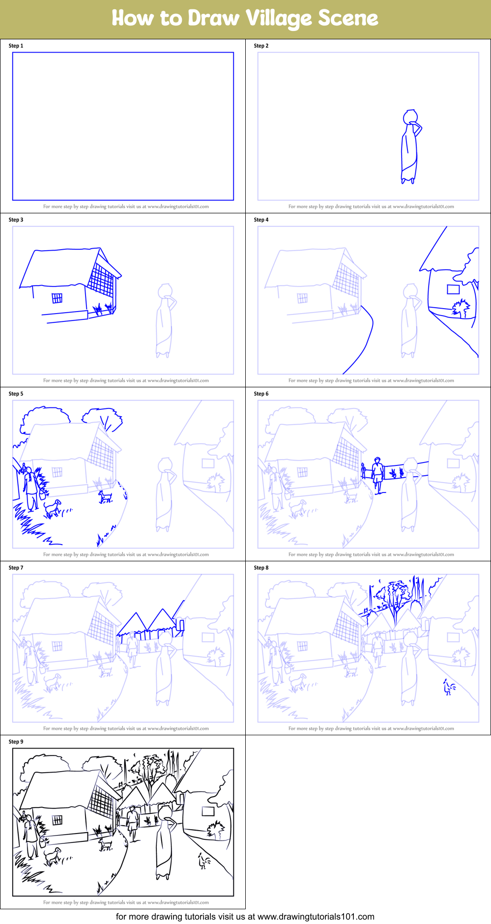 How to Draw Village Scene Printable Step by Step