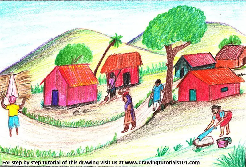 village Scenery Landscape Line Art Kids KDP Interior