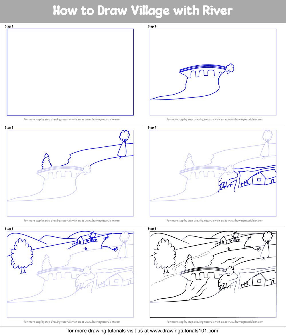 How to Draw Village with River Printable Step by Step