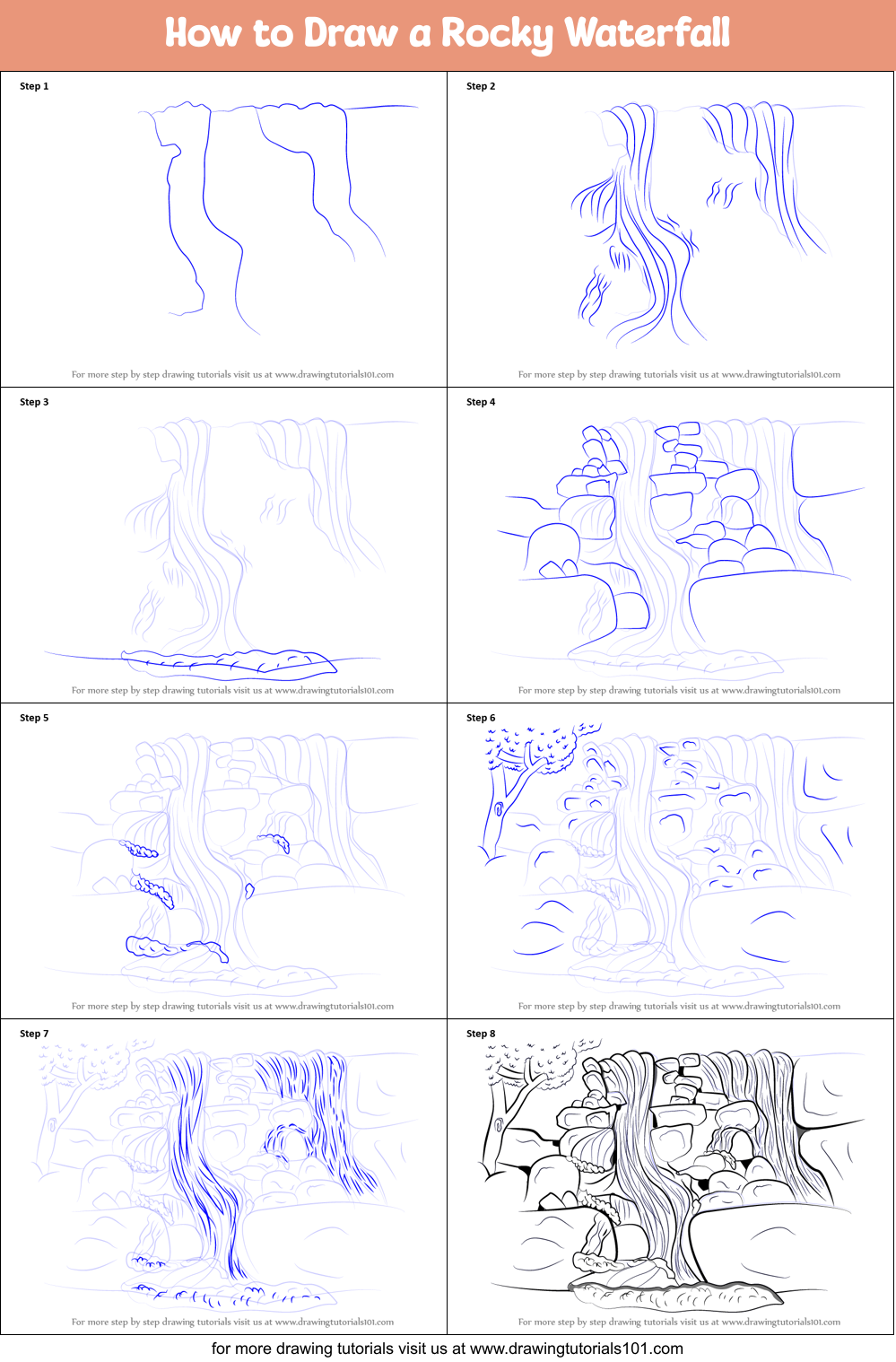 How to Draw a Rocky Waterfall printable step by step ...