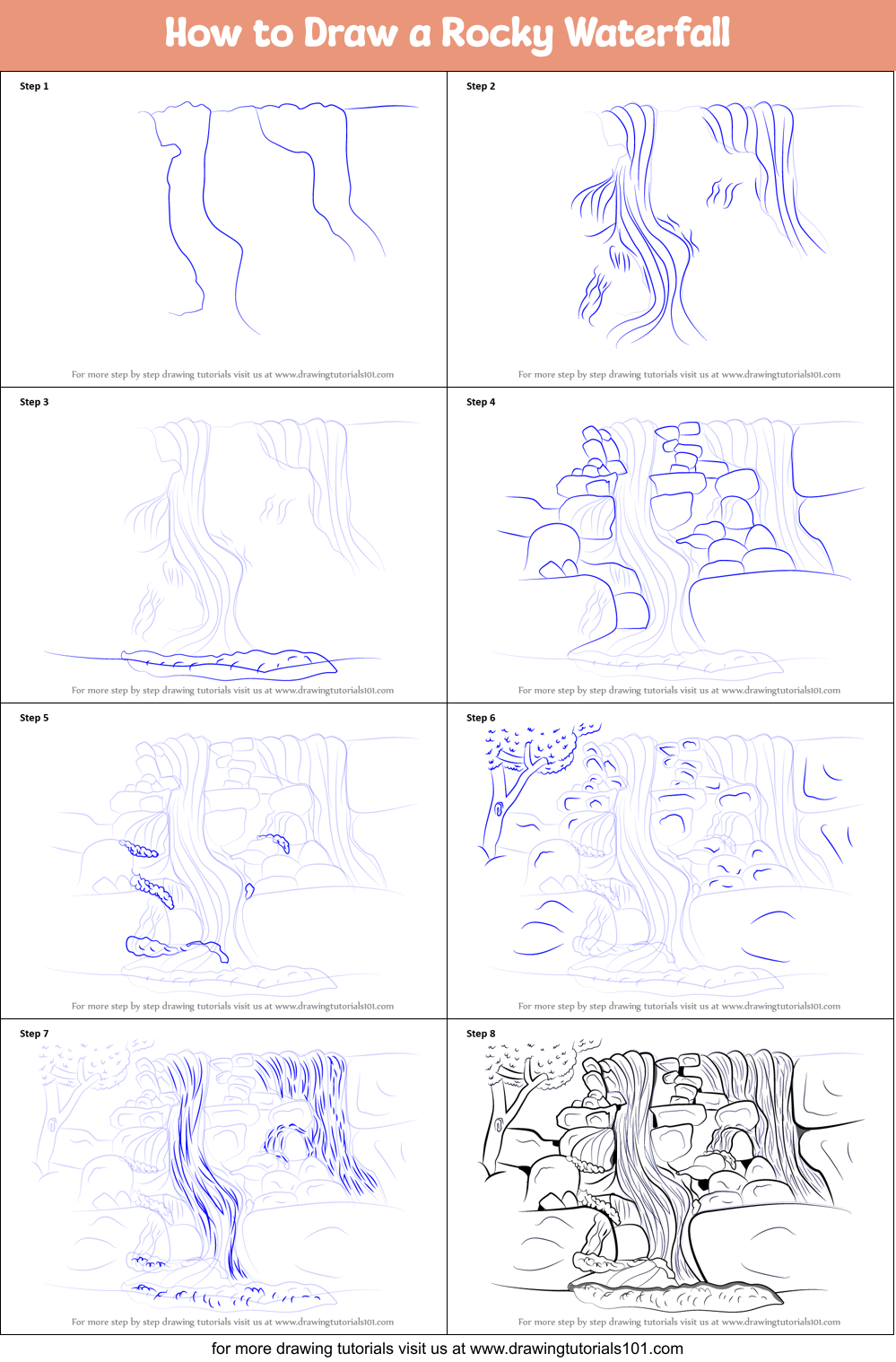 How to Draw a Rocky Waterfall Printable Step by Step