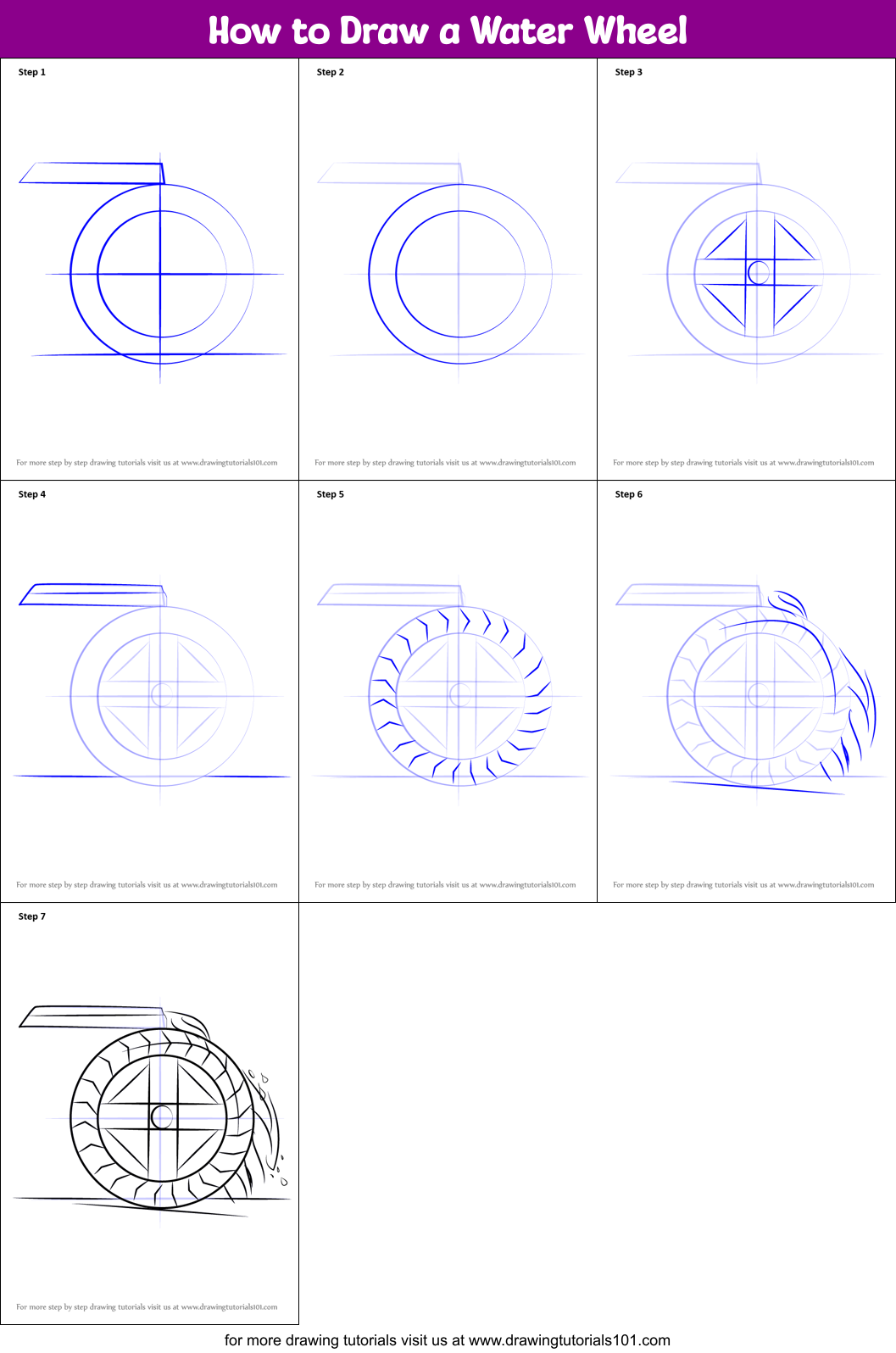 How to Draw a Water Wheel Printable Step by Step