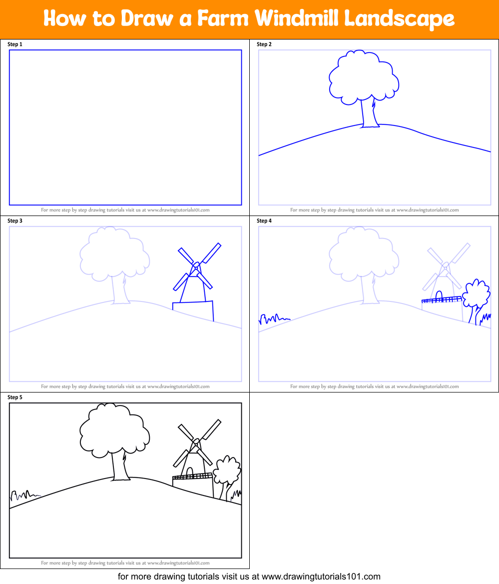 How to Draw a Farm Windmill Landscape Printable Step by Step