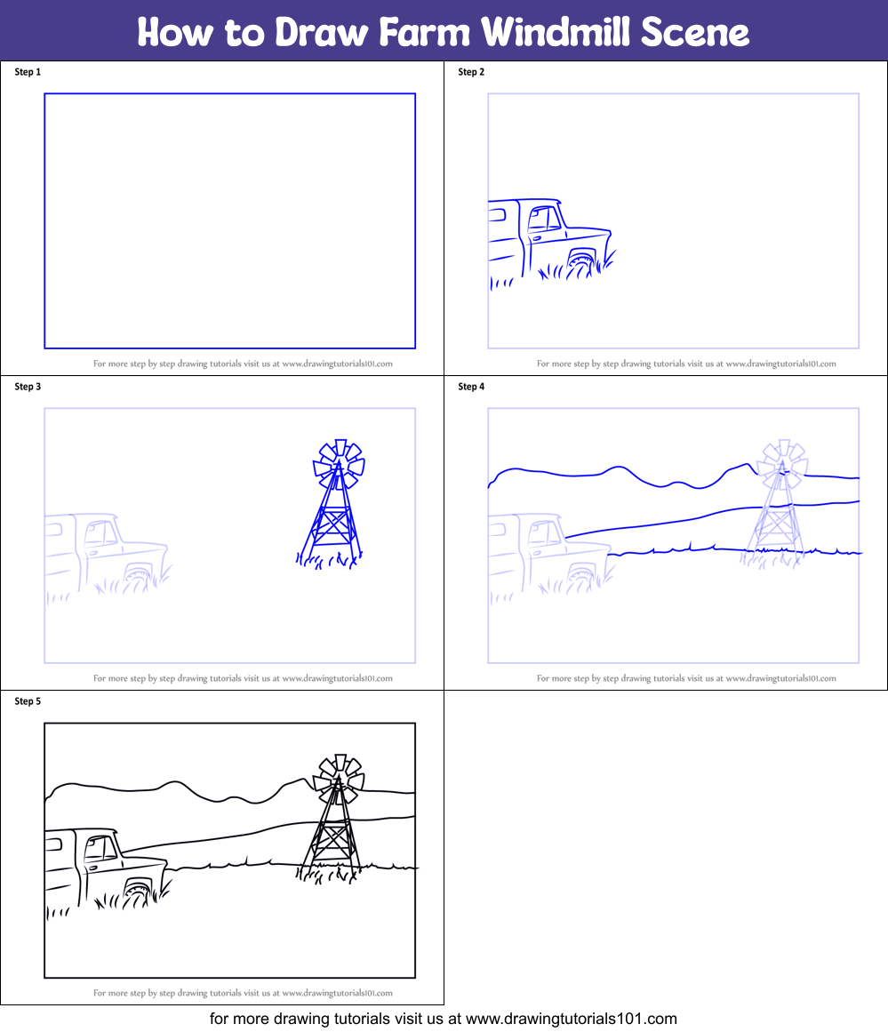 How to Draw Farm Windmill Scene Printable Step by Step