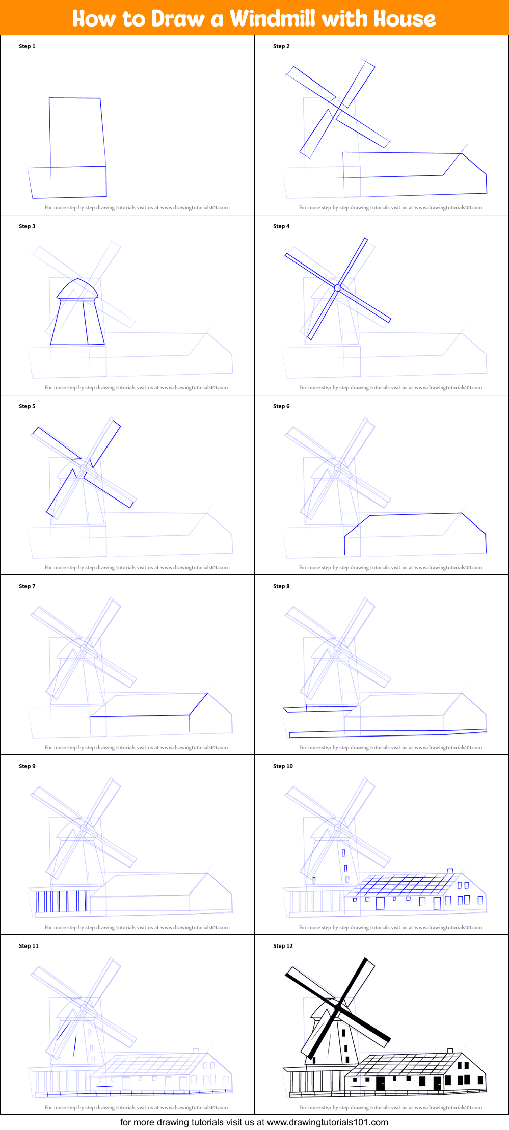 How to Draw a Windmill with House Printable Step by Step