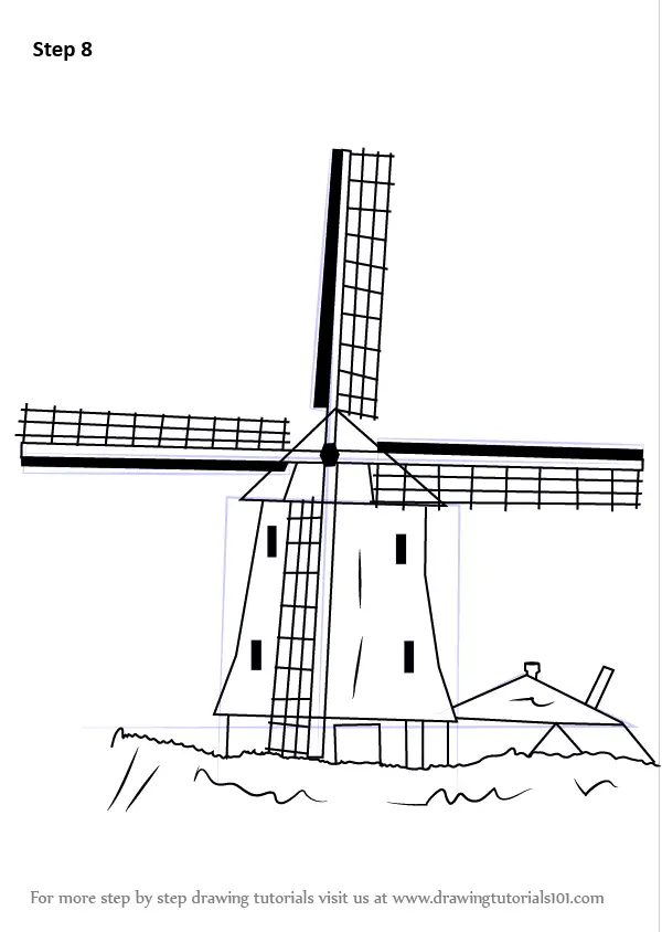 Step by Step How to Draw a Windmill : DrawingTutorials101.com