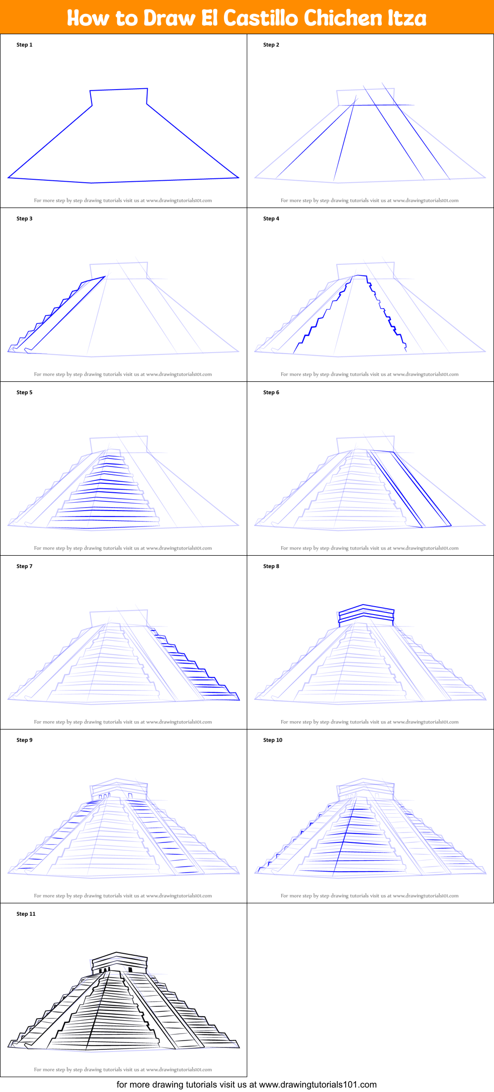 How to Draw El Castillo Chichen Itza Printable Step by Step