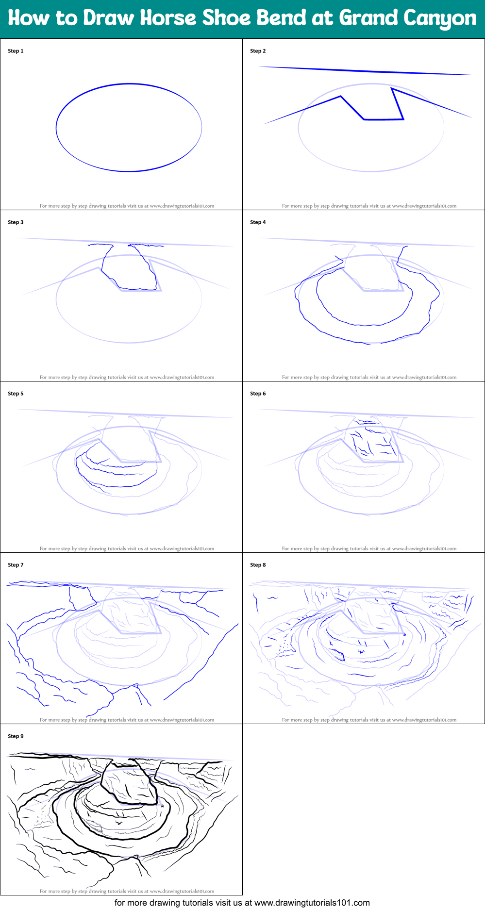 How to Draw Horse Shoe Bend at Grand Canyon Printable Step by Step