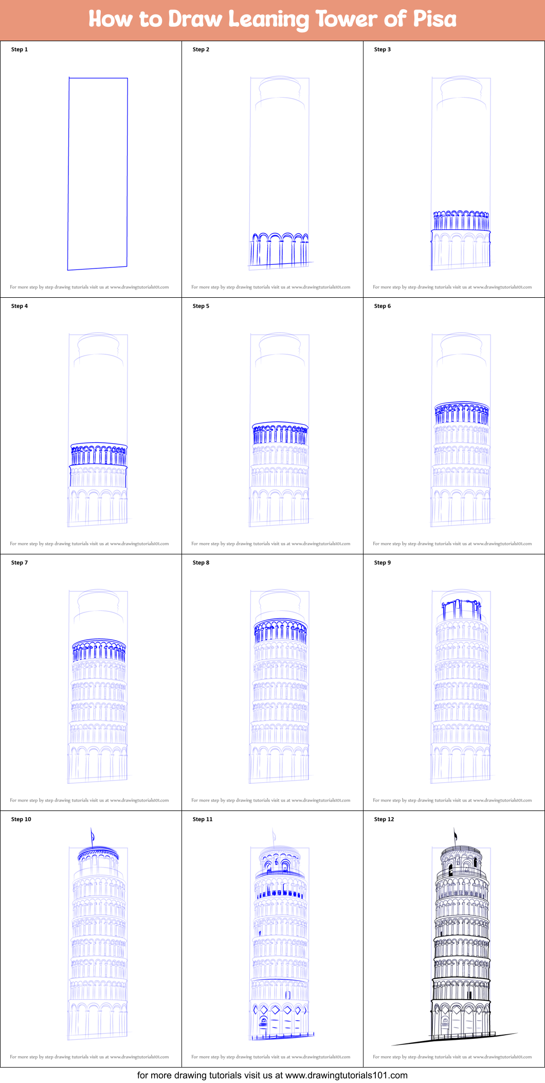 How to Draw Leaning Tower of Pisa printable step by step drawing sheet