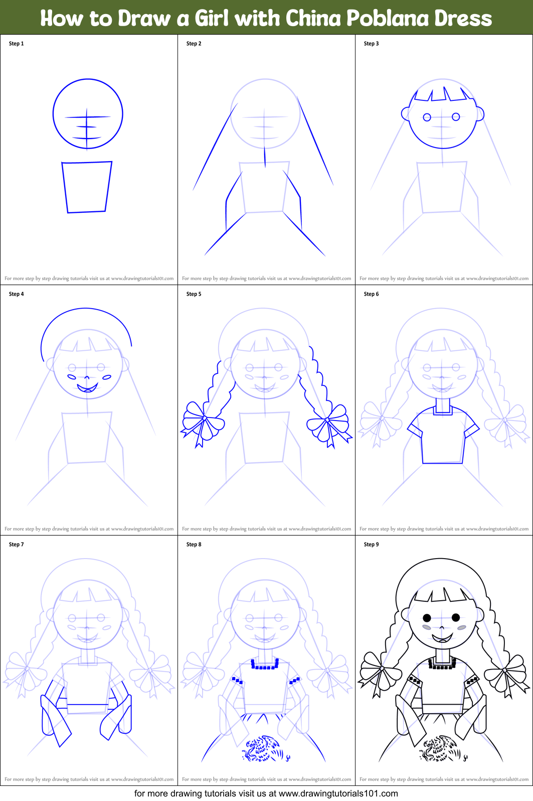 How to Draw a Girl with China Poblana Dress Printable Step by Step