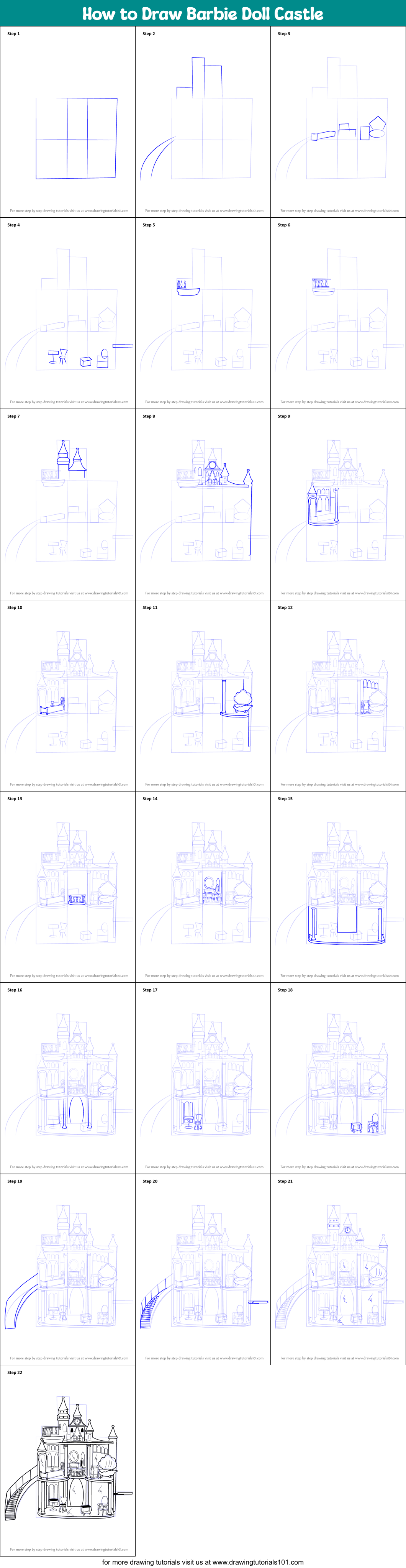 How to Draw Barbie Doll Castle Printable Step by Step