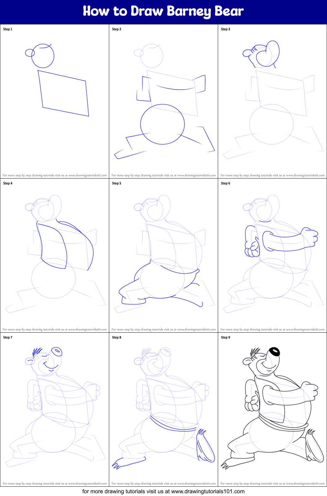 How to Draw Barney Bear Printable Step by Step